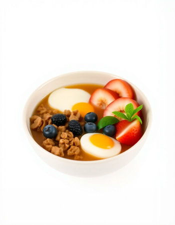 Bowl of healthy breakfast with muesli and fruits on white background