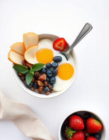 Healthy breakfast with yogurt, fruit and berries on white background.