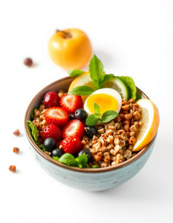 Bowl of granola with berries and egg isolated on white backgroundの写真素材