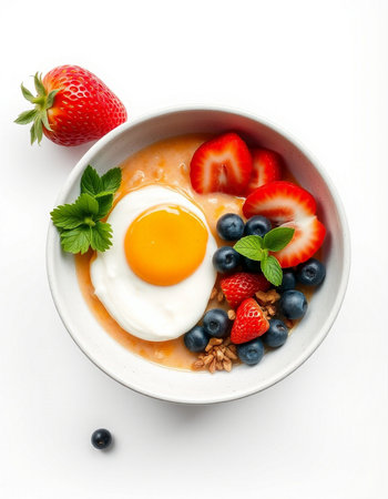 Breakfast with oatmeal, strawberries, blueberries and egg on white background