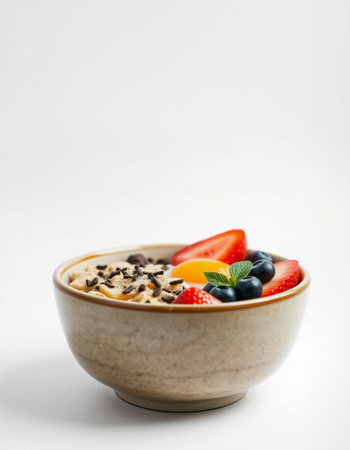 bowl of muesli with fresh berries and chocolate on white backgroundの写真素材