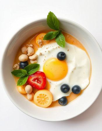 Fried eggs with fresh berries and yoghurt in a bowl