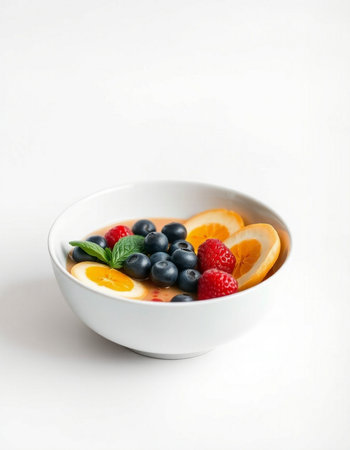 bowl of oatmeal with fruits and berries isolated on a white background