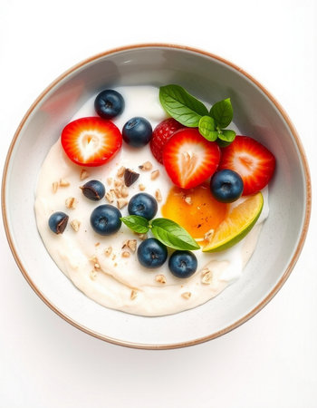 Healthy breakfast. Oatmeal with fresh berries and yogurt on white background