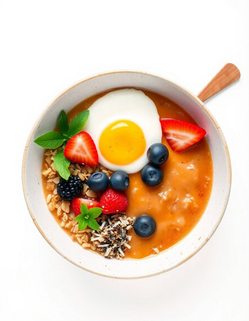 Oatmeal porridge with strawberry, blueberry and egg in bowl