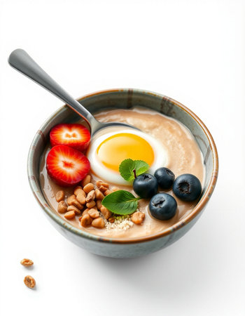 Bowl of oatmeal porridge with fresh berries and egg on white background