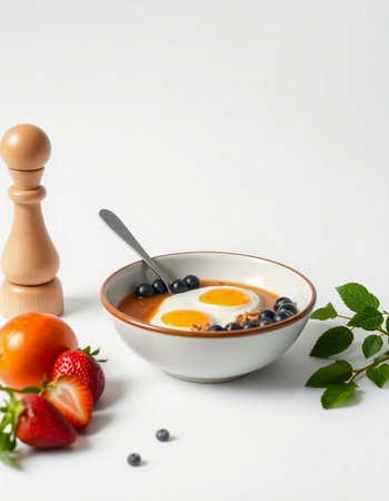 Yogurt with strawberries and blueberries in a bowl on a white background