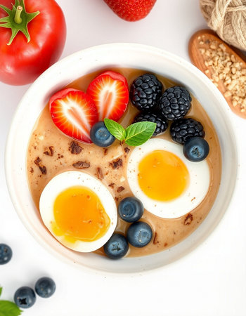 Oatmeal porridge with fresh berries and eggs, healthy breakfast, top view