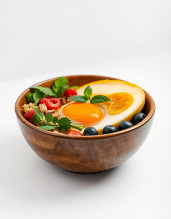 Healthy breakfast with oatmeal, berries and egg in wooden bowl
