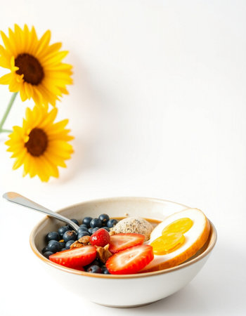 Healthy breakfast bowl with oatmeal, berries and fruits on white background