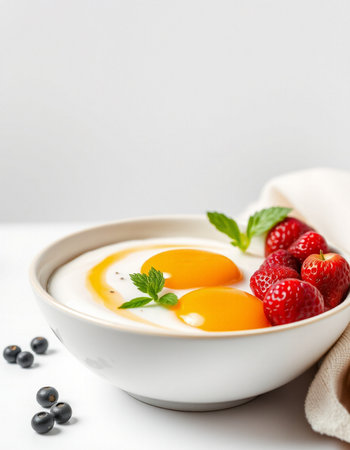 Fried eggs with fresh berries in a bowl on a white background