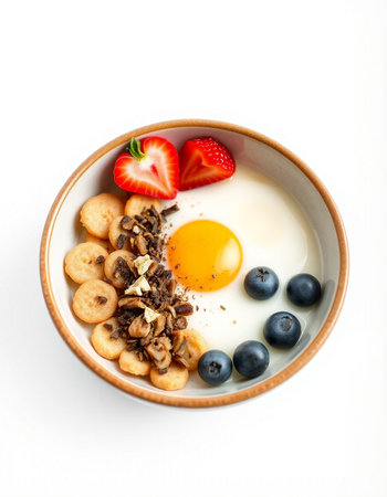 Breakfast with omelet, berries and cereal on white background