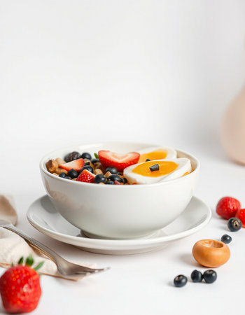 Healthy breakfast with oatmeal, fresh berries and eggs on white background