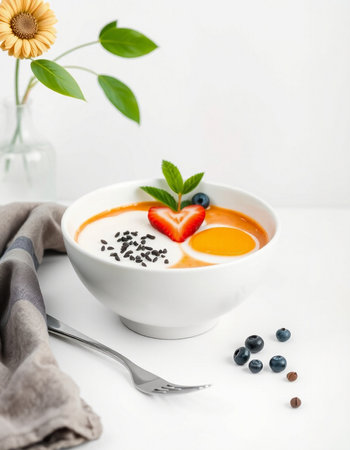 Healthy breakfast bowl with yogurt, blueberries and strawberries on white background