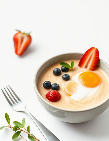 Healthy breakfast with omelet, strawberries and blueberries on white backgroundの写真素材