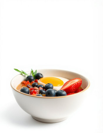 Bowl of oatmeal with strawberries and blueberries on white background