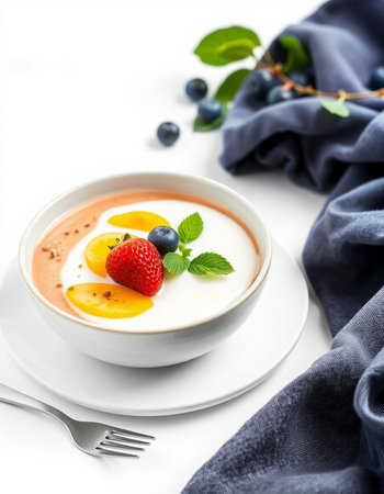Delicious yogurt with fresh berries in bowl on white table, closeupの写真素材