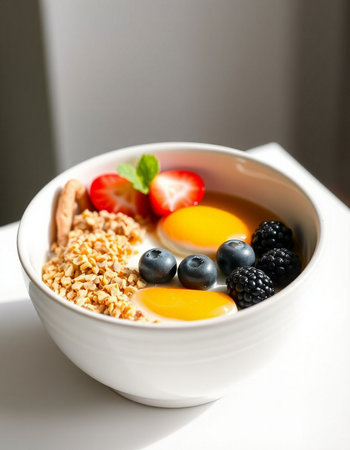 Healthy breakfast with muesli, berries and eggs in a bowl