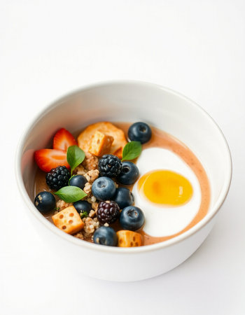 Healthy breakfast bowl with oatmeal, berries and fried egg.