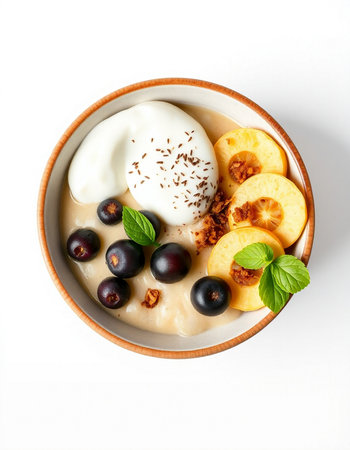 Bowl of oatmeal porridge with banana, black currant and sour cream