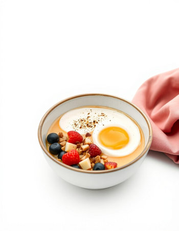 Yogurt with fresh berries and egg in a bowl on white background