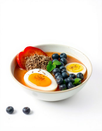 yogurt with fresh blueberries and strawberries in a bowl on a white background