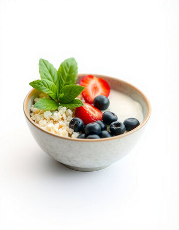 Milk porridge with fresh berries and mint, isolated on whiteの写真素材