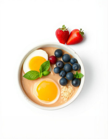 Bowl of oatmeal porridge with berries and egg on white background
