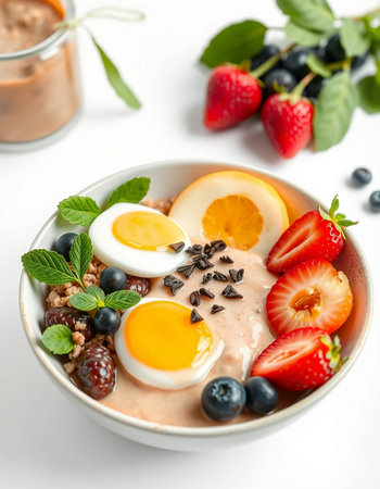 Healthy breakfast bowl with oatmeal, berries, eggs and chocolate