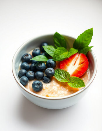 Oatmeal porridge with fresh berries and mint. Healthy breakfast.