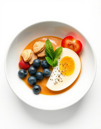 Soup with strawberries, blueberries and eggs on a white background