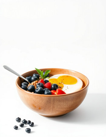 Healthy breakfast with omelet and fresh berries in wooden bowl