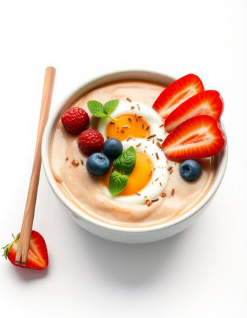 yogurt with strawberry, blueberry and egg on white background