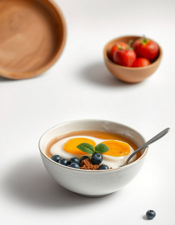Yogurt with blueberries, strawberries and mint on a white background