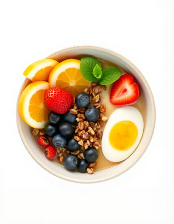 Oatmeal with fresh berries and eggs isolated on white background. Healthy breakfast