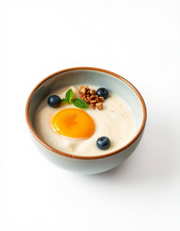 Yogurt with blueberries and walnuts on a white background