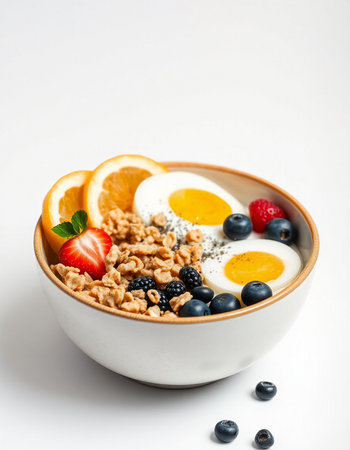 Healthy breakfast with muesli, fresh berries and eggs on white background