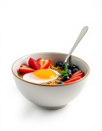 Healthy breakfast with oatmeal, berries and egg in a bowl