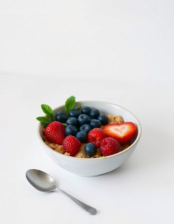 bowl of oatmeal with fresh berries and mint on white background, healthy breakfast