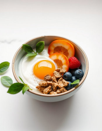 Healthy breakfast with yogurt, fruits and cereals on white background