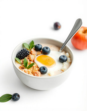 Healthy breakfast with oatmeal, berries and egg on white background