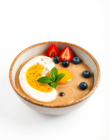Bowl of homemade yogurt with fresh berries and egg yolk on white background