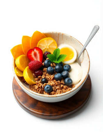 bowl of muesli with fresh berries and eggs isolated on white