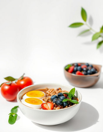 Healthy breakfast with oatmeal, berries and egg on white backgroundの写真素材