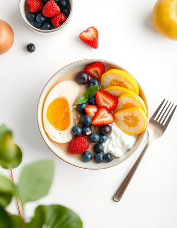 Healthy breakfast with oatmeal, eggs, berries and fruits on white background