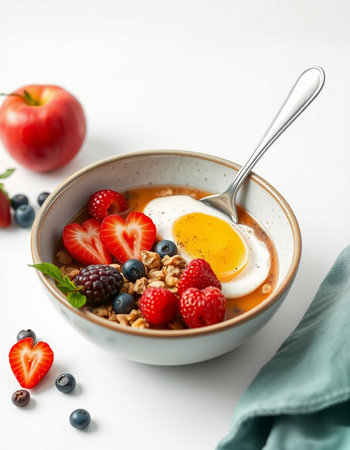 Healthy breakfast bowl with oatmeal, fresh berries and egg on white background
