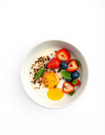Yogurt with granola and fresh berries on a white background