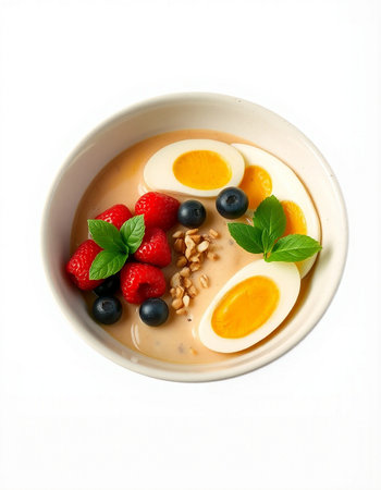 Oatmeal with berries and nuts in a bowl on a white background