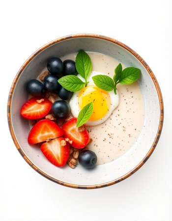 Bowl of oatmeal porridge with strawberries, blueberries and egg
