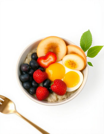 Oatmeal porridge with fresh fruit and egg isolated on white background